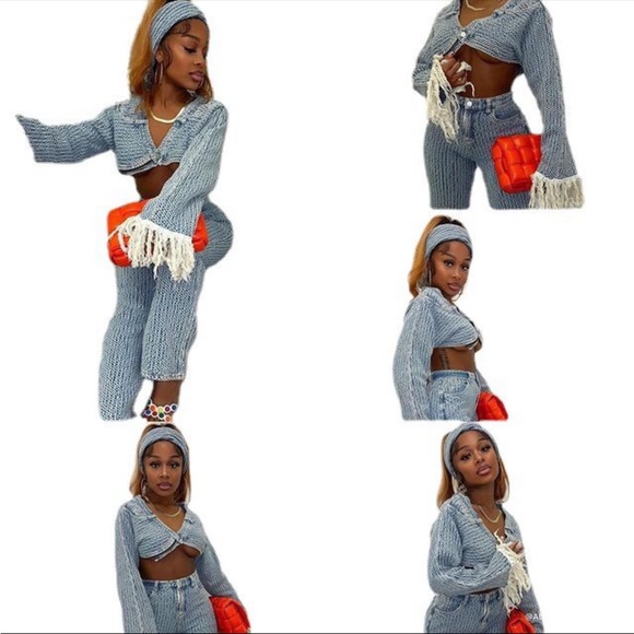 2-Piece Brand New Denim/Cotton blend sets with fringes on Sleeve. - Picture 2 of 2